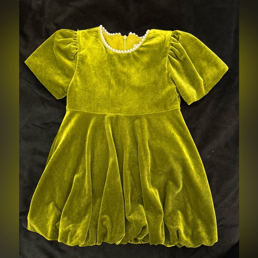 Girls Olive Green Velvet Dress Pearl Trim Puff Sleeve Holiday Dress Size 3T